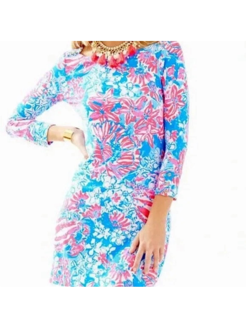 Lilly Pulitzer “Sophie” Jersey Dress in Pop Pop Bay Blue 3/4 sleeve size Medium
